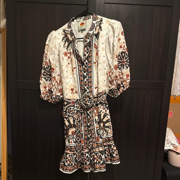 Farm Rio Flower Fan Tapestry Print Puff Sleeve Patterned Mini Dress - Picture 2 of 5